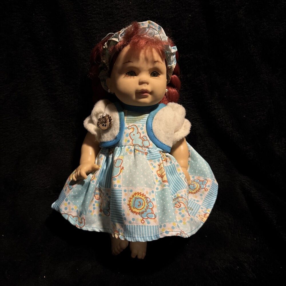 Vintage Redheaded Doll With Pigtails & Earings Blue Elephant Dress
